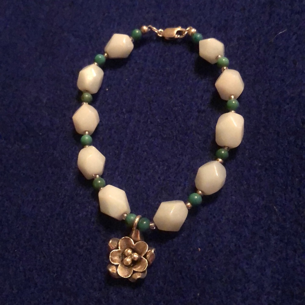 Sold Sterling silver flower green and white bracelet